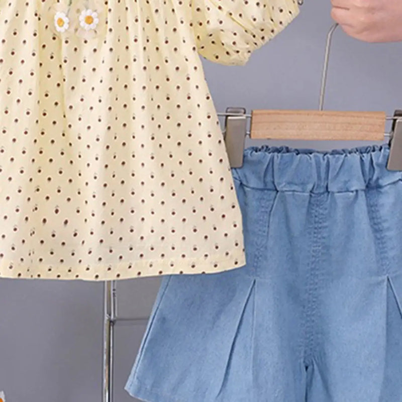 Girls Apricot Polka Dot Printed Puff Sleeve Top With Denim Shorts Sets 2 pc. Sets