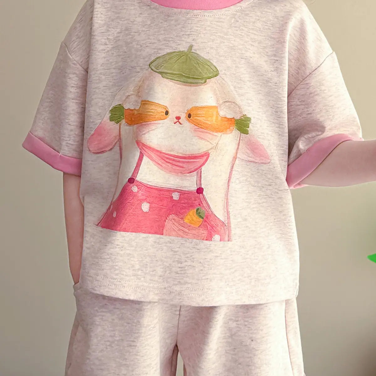 Girls Pink Bunny Graphic Drop-Shoulder T-Shirt With Shorts Sets Sets