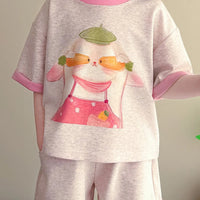 Girls Pink Bunny Graphic Drop-Shoulder T-Shirt With Shorts Sets Sets