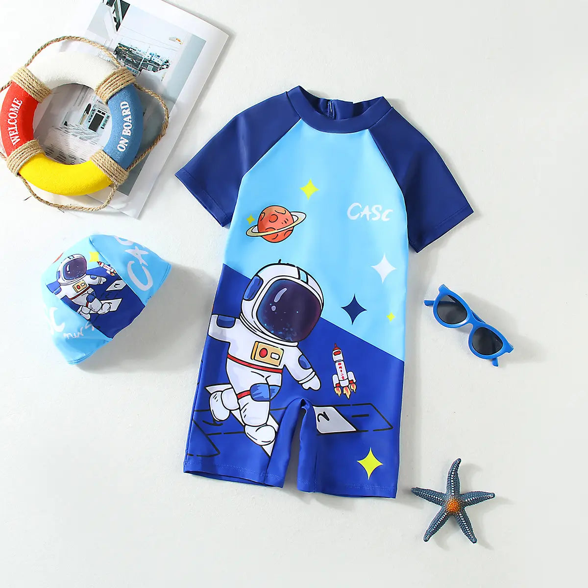 Boys Blue Space Themed Swimwear Bodysuit With Swim Cap Beachwear Blue 1-2 Y