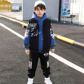 Boys Blue Graphics Printed hoodie With Sleeveless Jacket & Jogger Sets Sets Blue 5-6 Y