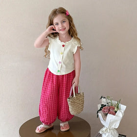 Girls Beige Heart Button Ruffle Top With Checked Pants Sets Sets Beige 1-2 Y