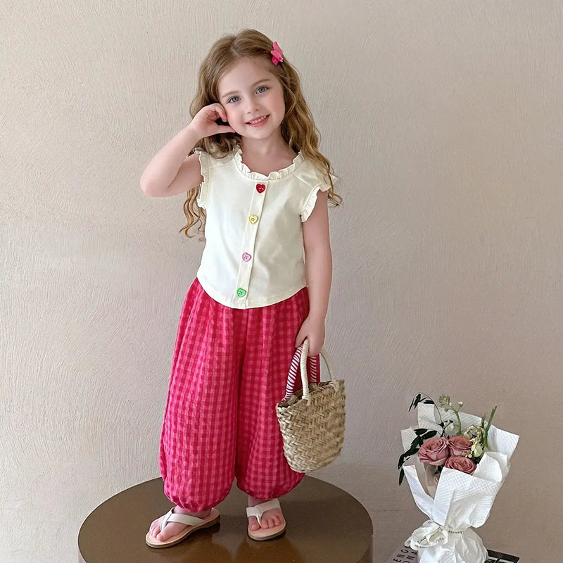 Girls Beige Heart Button Ruffle Top With Checked Pants Sets Sets Beige 1-2 Y