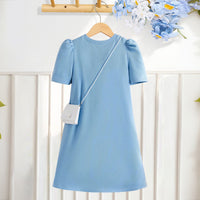 Girls Sky Blue Short Sleeves Pleated Bottom Hem Long Dress Casual Dresses