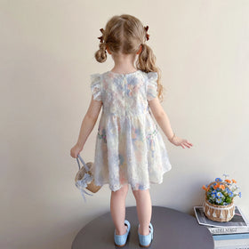 Girls Multicolour Floral Print Flutter Sleeve Flared Dress Casual Dresses