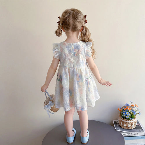 Girls Multicolour Floral Print Flutter Sleeve Flared Dress Casual Dresses