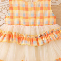 Girls Orange Checked Sleeveless Tiered Dress Casual Dresses