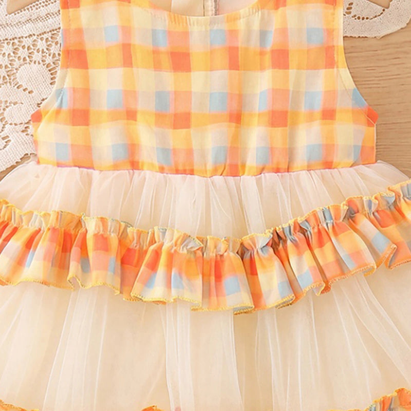 Girls Orange Checked Sleeveless Tiered Dress Casual Dresses