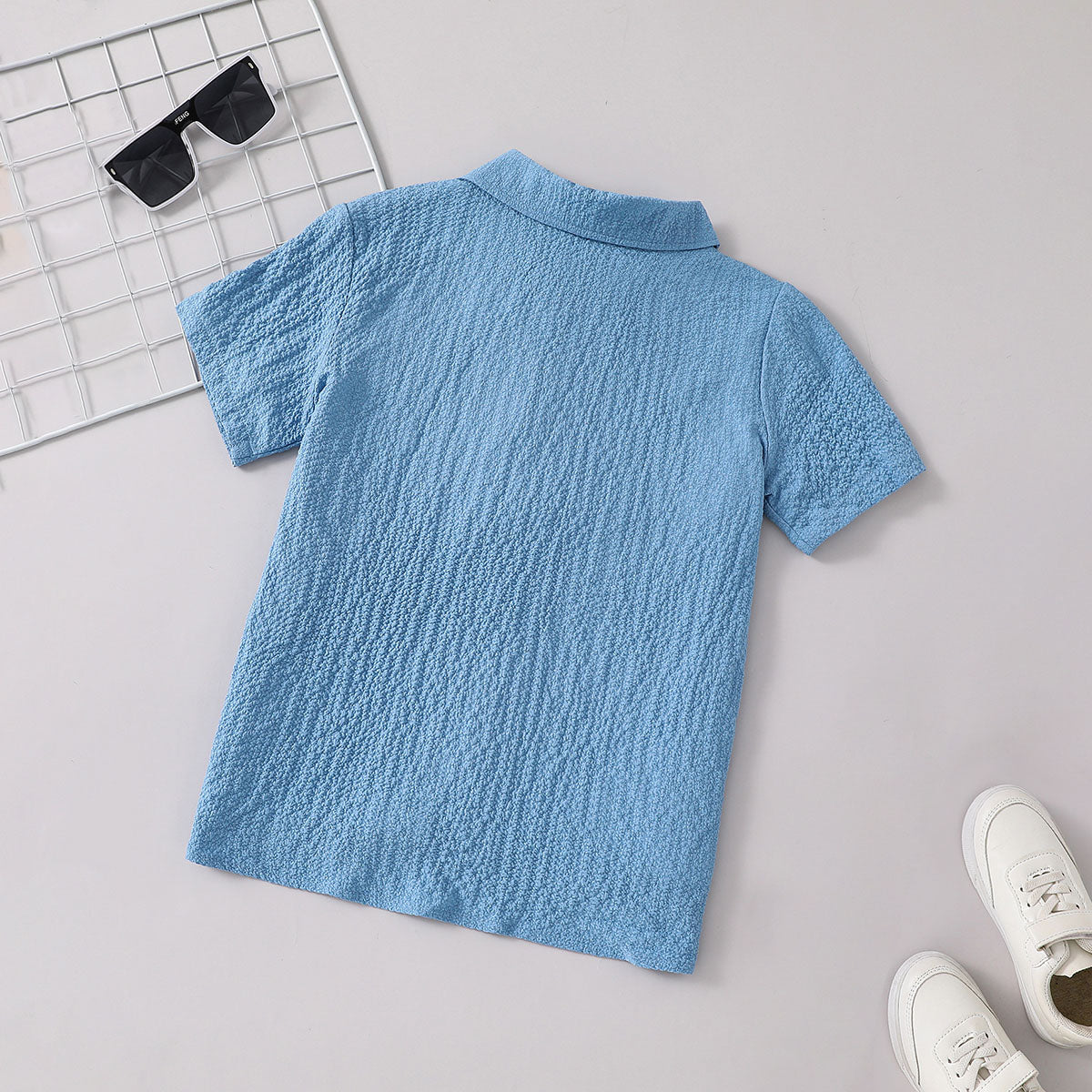 Boys Light Blue Textured Short Sleeves Shirt Shirts