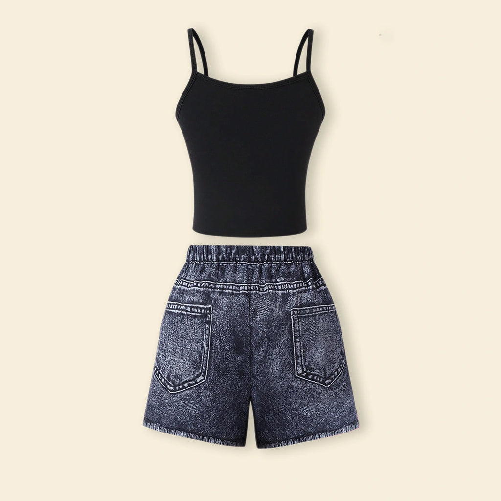 Girls Black Floral Top With Fake Denim Printed Shorts Sets Sets