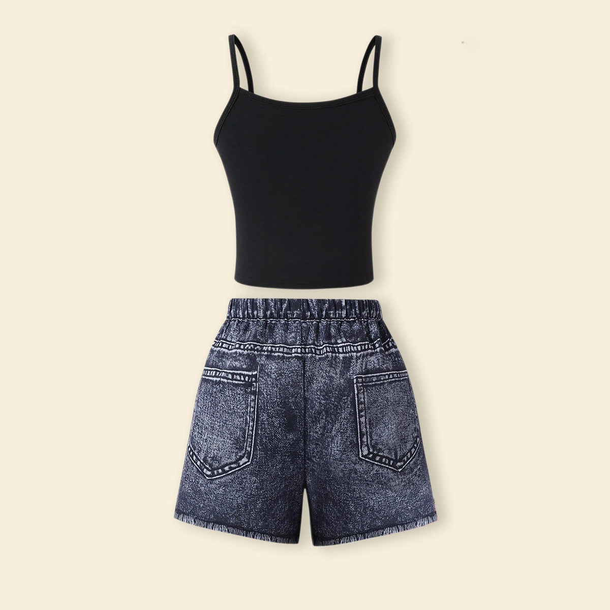 Girls Black Floral Top With Fake Denim Printed Shorts Sets Sets