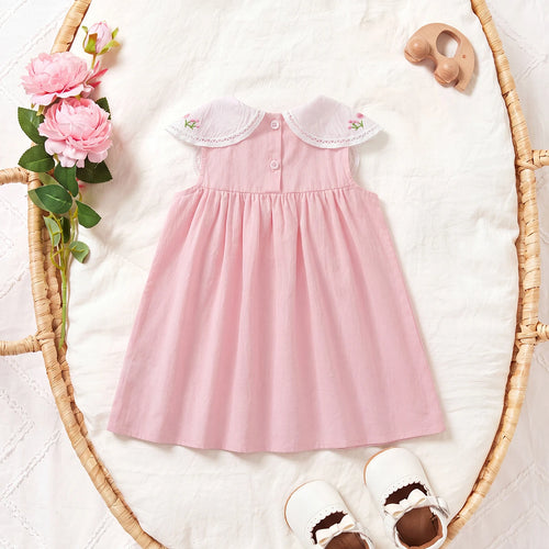 Girls Pink Floral Embroidered Sleeveless A-Line Dress Casual Dresses