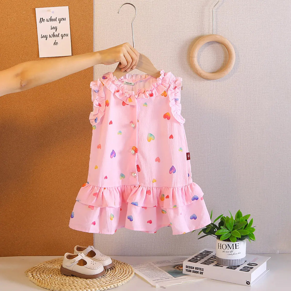 Girls Pink Heart Printed Sleeveless A-line Dress Casual Dresses Pink 1-2 Y