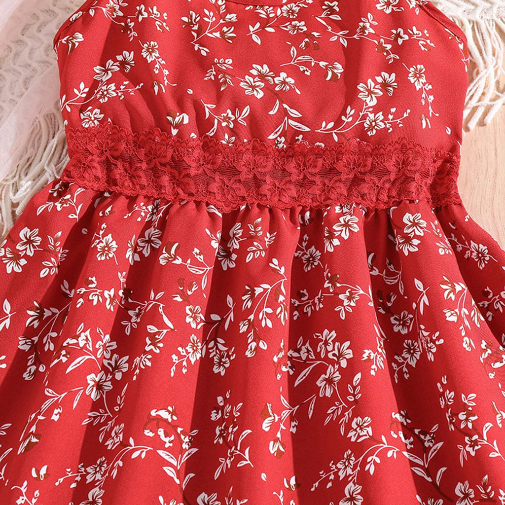 Girls Floral Print Sleeveless Fit & Flare Dress Casual Dresses Red 7-8 Y 