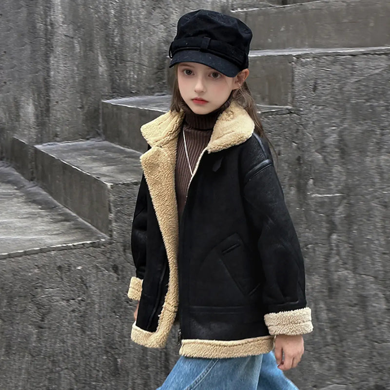 Girls Black Faux Leather Heavy Jacket With Fleece Lining Coats & Jackets