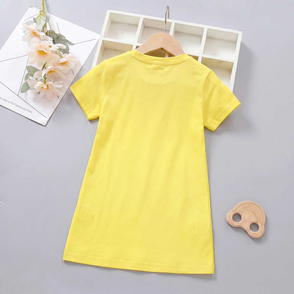 Girls Yellow Kitten Graphic Short Sleeve T-Shirt Dress Casual Dresses