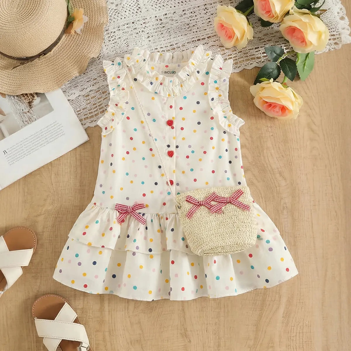 Girls Beige Polka Dot Print Drop-Waist Dress With Straw Sling Bag Casual Dresses Beige 1-2 Y