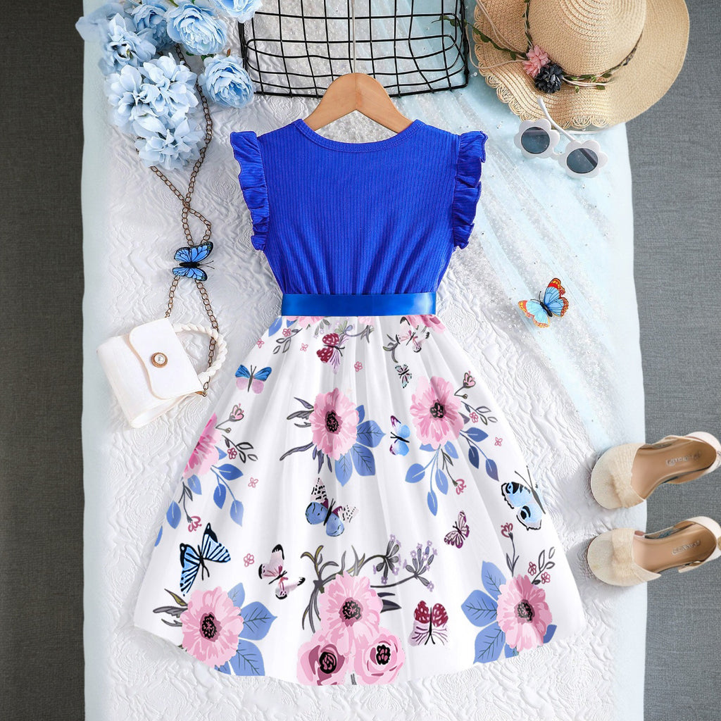 Girls Blue Floral Printed Flutter Sleeves Fit And Flared Dress Casual Dresses