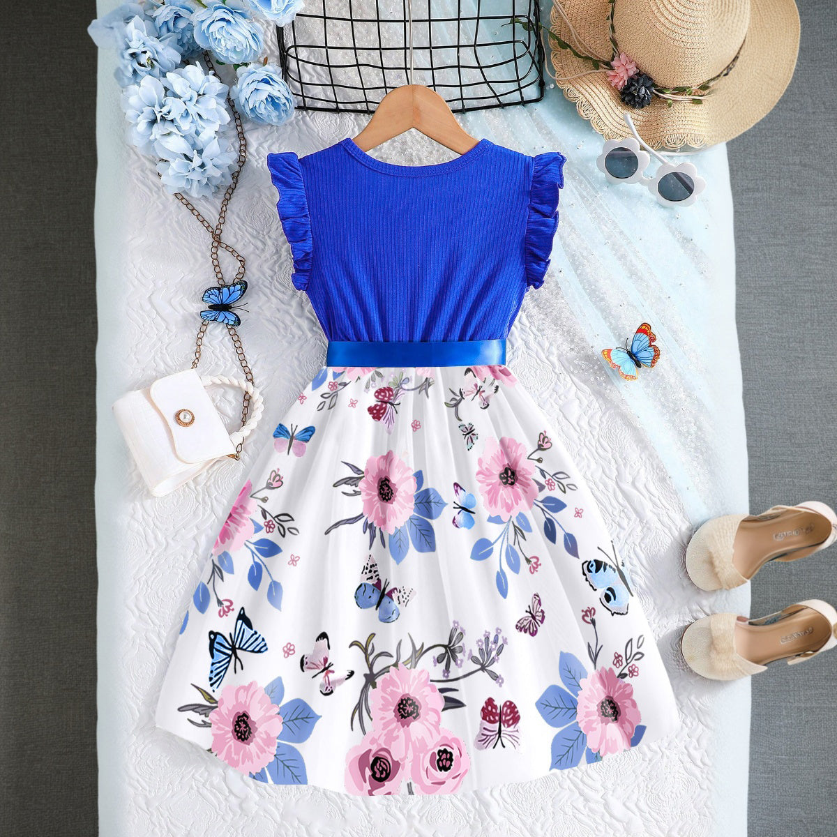 Girls Blue Floral Printed Flutter Sleeves Fit And Flared Dress Casual Dresses