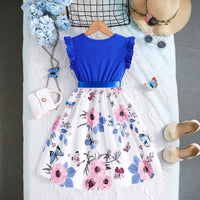 Girls Blue Floral Printed Flutter Sleeves Fit And Flared Dress Casual Dresses