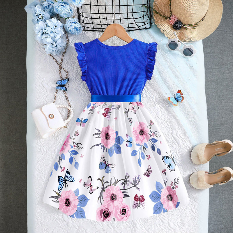 Girls Blue Floral Printed Flutter Sleeves Fit And Flared Dress Casual Dresses