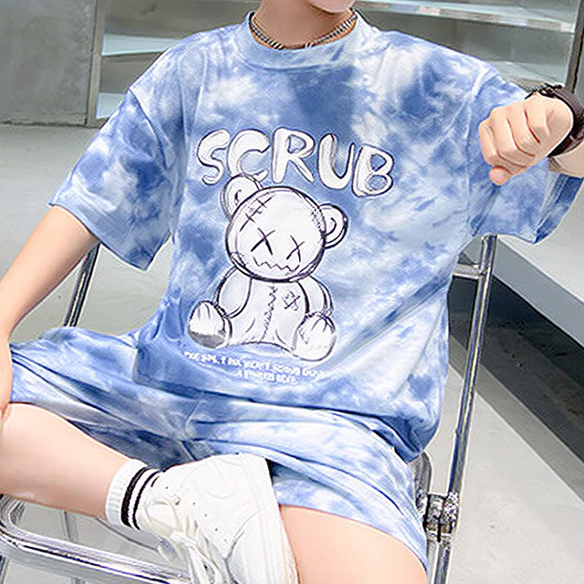 Boys Blue Tie-Dye Bear Graphic Short Sleeve T-Shirt With Elasticated Shorts Sets Sets