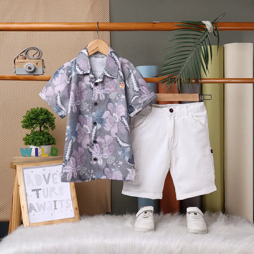 Boys Grey Tropical Print Short Sleeve Shirt With Elasticated Shorts Sets Sets Grey 1-2 Y