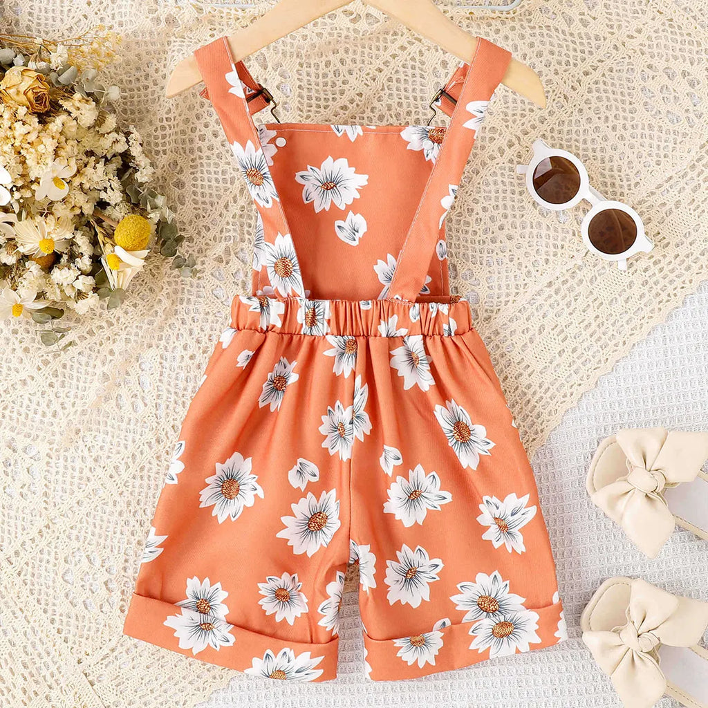 Girls Orange Floral Print Adjustable Strap Dungaree Jumpsuits