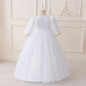 Girls White Embellished Fit & Flare Dress With Flower Appliques Casual Dresses