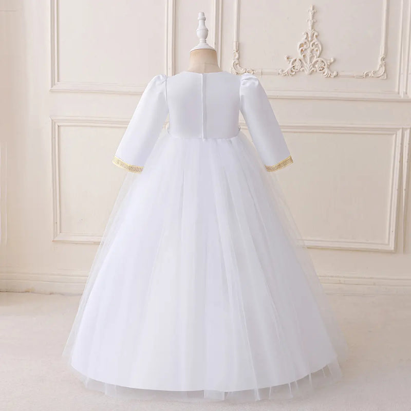 Girls White Embellished Fit & Flare Dress With Flower Appliques Casual Dresses
