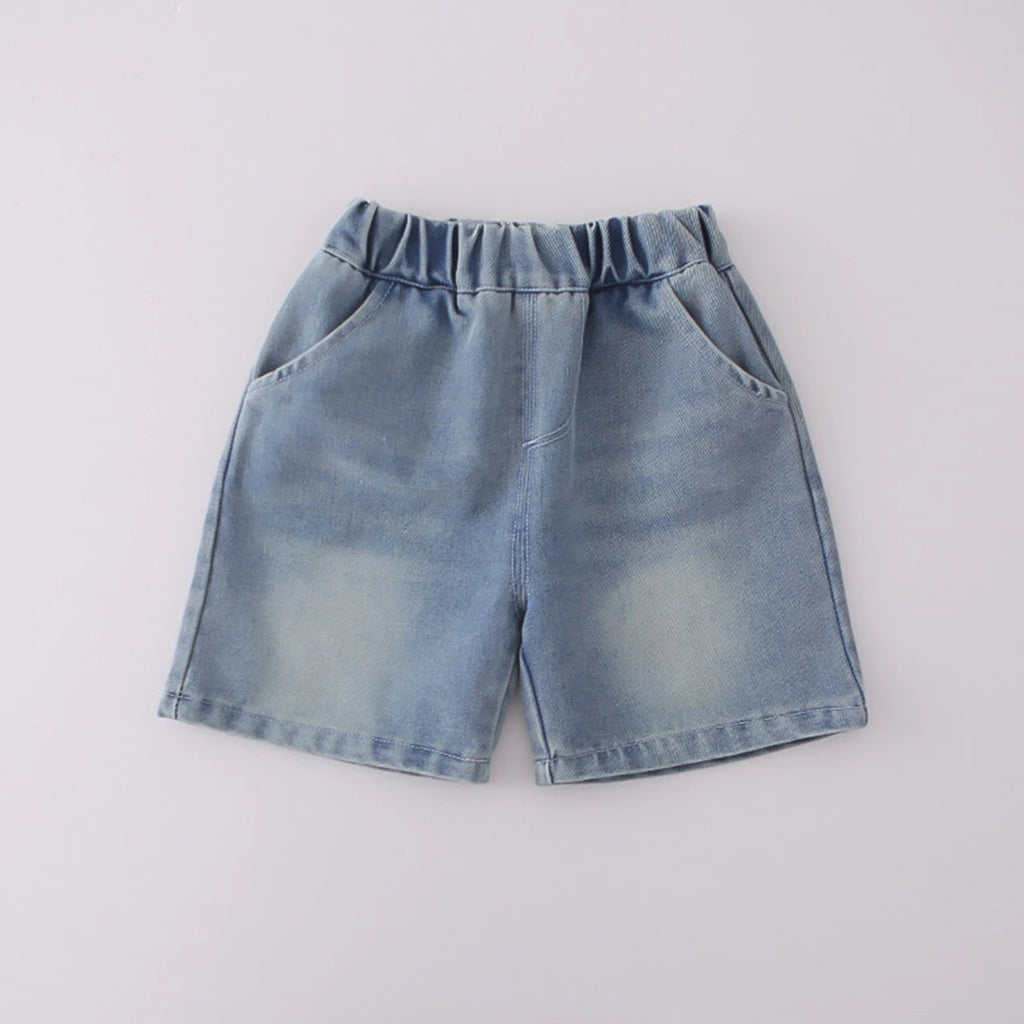 Boys White Graphics Short Sleeves T-Shirt With Denim Shorts Set Sets