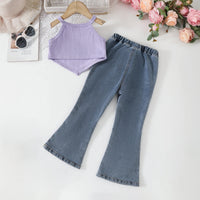 Girls Lavender Pearl Embellished Crop Top With Denim Flared Pants Set Sets
