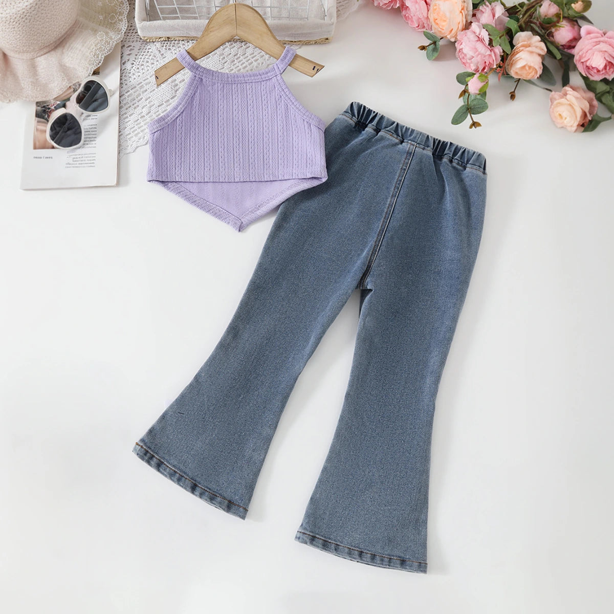 Girls Lavender Pearl Embellished Crop Top With Denim Flared Pants Set Sets