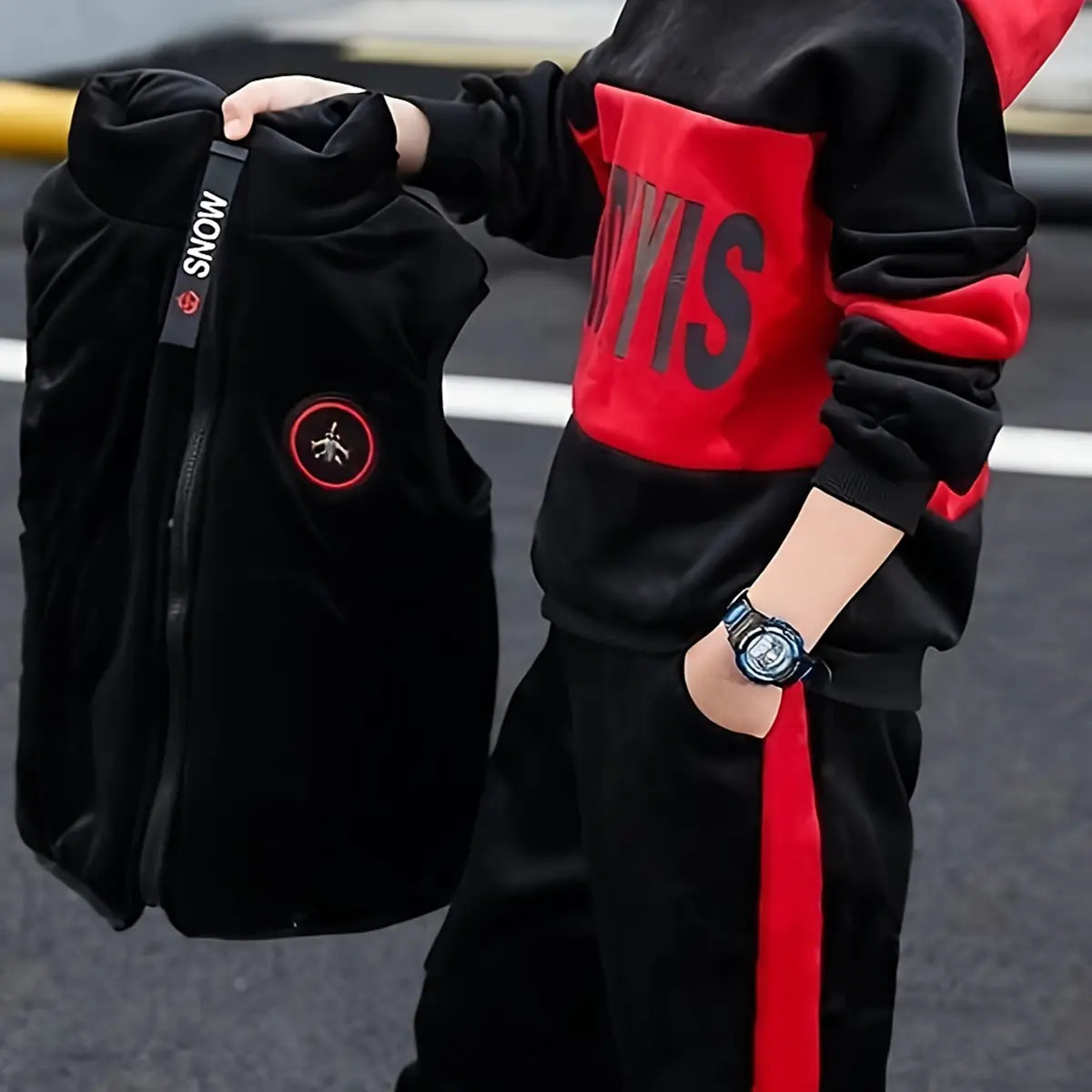 Boys Red Typographic Printed Hooded Sweatshirt With Vest & Jogger Sets Sets
