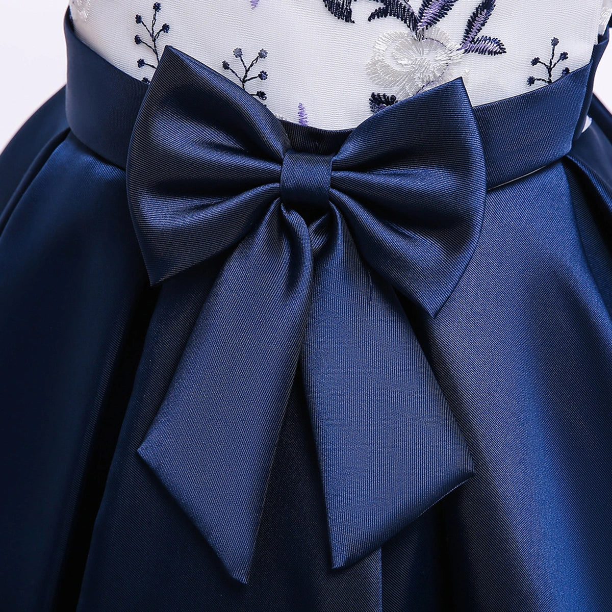 Girls Navy Blue Embroidered Sleeveless High-Low Party Wear Dress Party Dresses