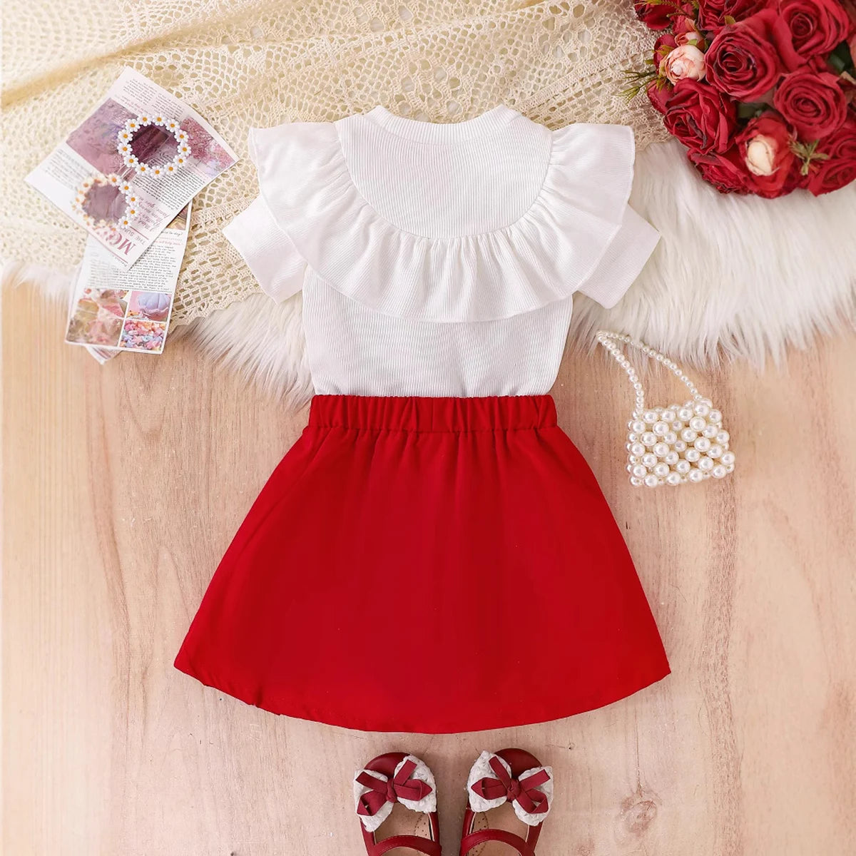 Girls White Bow Applique Short Sleeve Top With Pleated Skirt Sets 2 pc. Sets