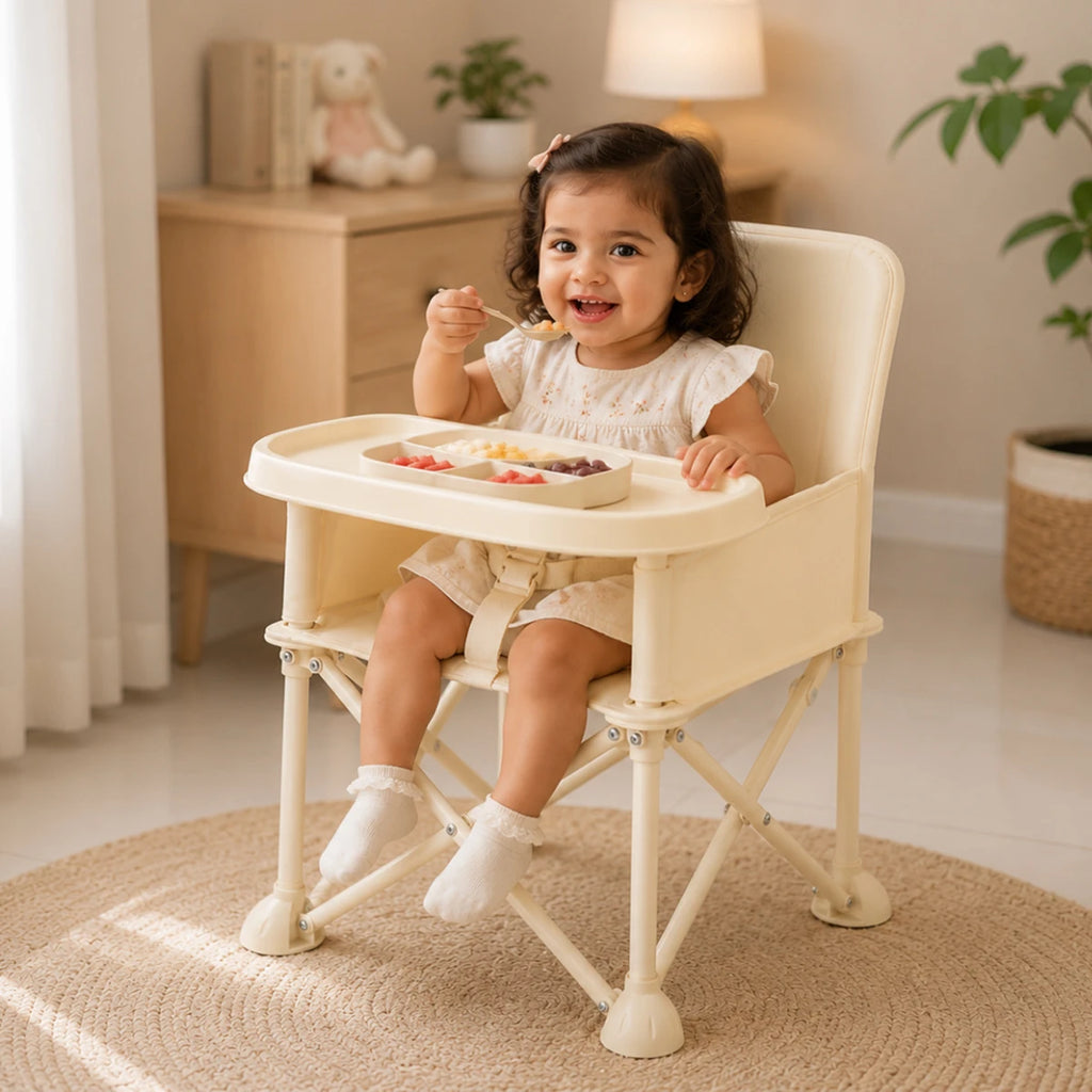 Kids Beige Foldable Baby Dining Chair With Tray & Umbrella Trending Accessories