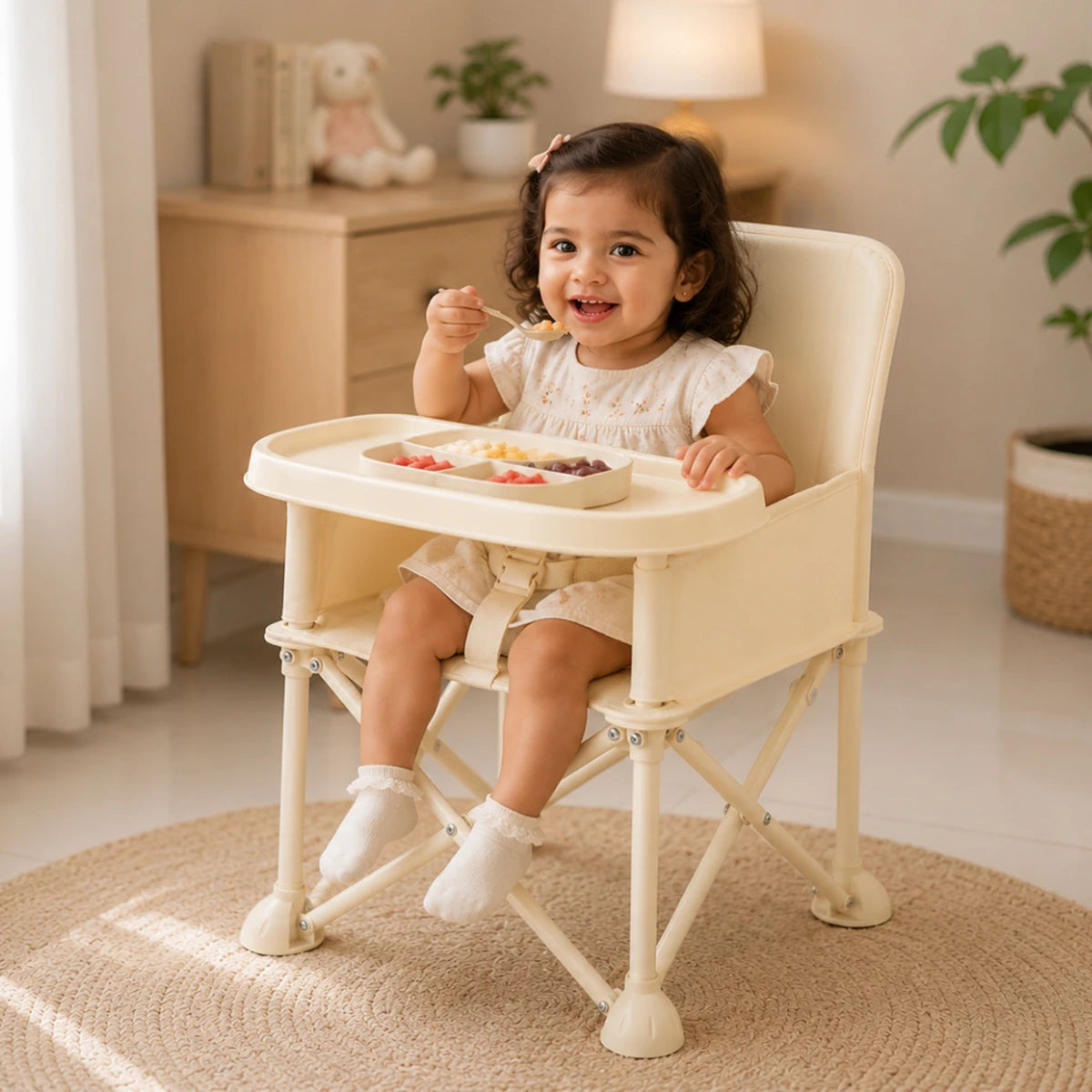 Kids Beige Foldable Baby Dining Chair With Tray & Umbrella Trending Accessories
