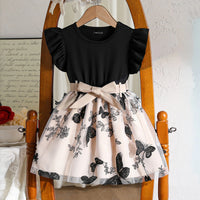 Girls Black Butterfly Printed Flutter Sleeve Fit & Flare Dress Casual Dresses Black 3-4 Y