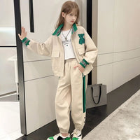 Girls Beige Bear Embroidered Zipper Jacket With Jogger Co-ord Sets Sets