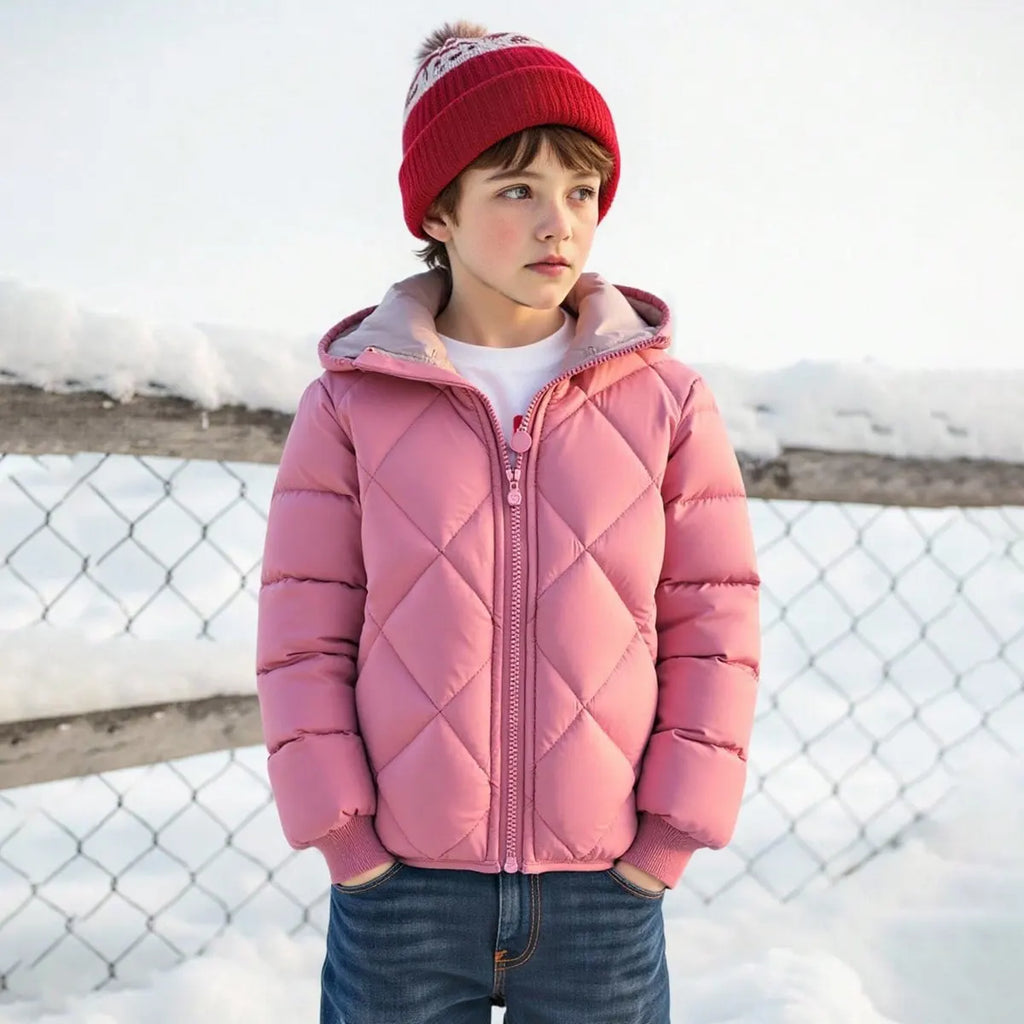 Boys Pink Hooded Zip-up Puffer Jacket With Long Sleeves Coats & Jackets