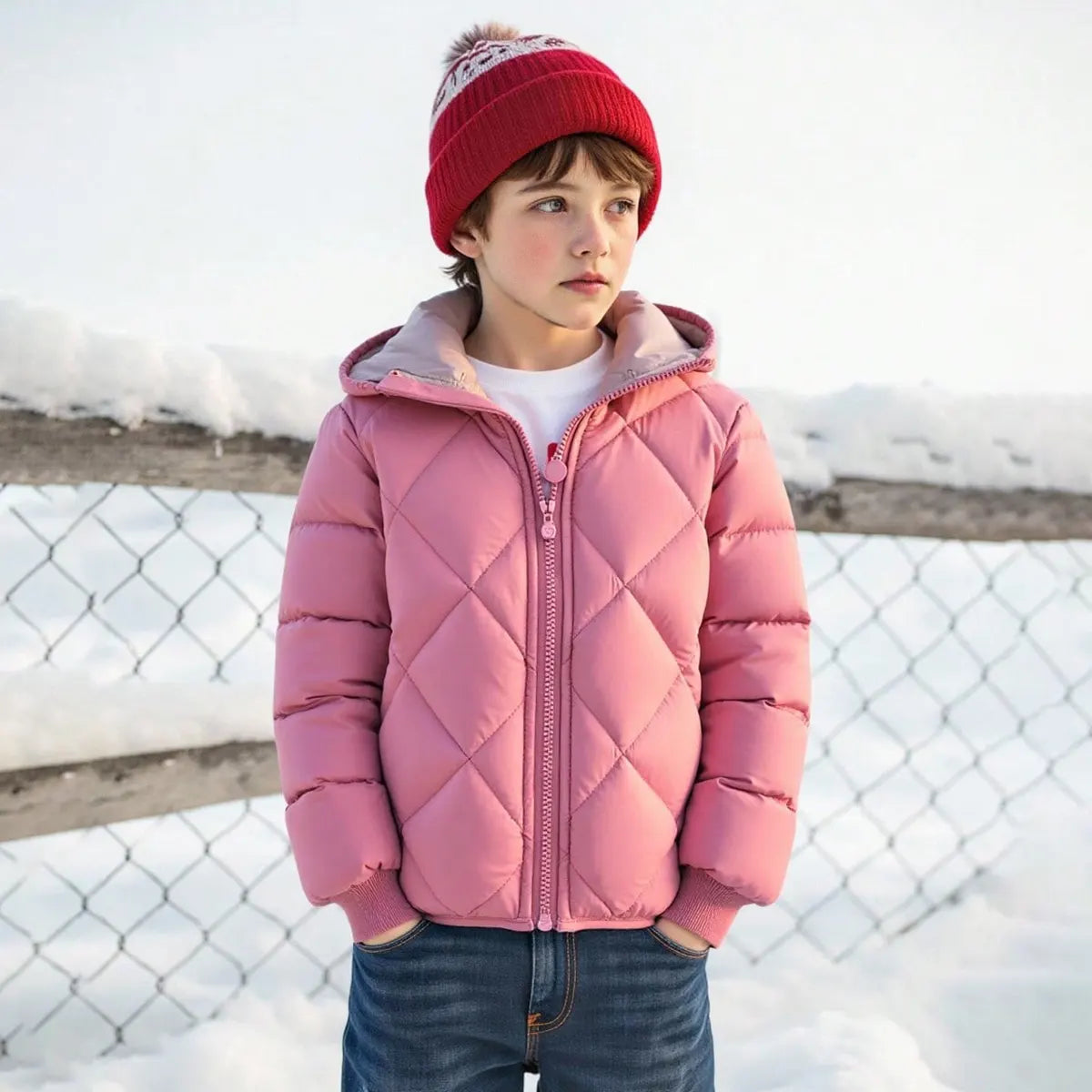 Boys Pink Hooded Zip-up Puffer Jacket With Long Sleeves Coats & Jackets