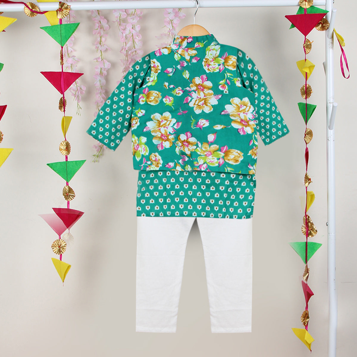 Boys Bandhani Print Kurta with Floral Print Nehru Jacket & Pajama Set Ethnicwear Boys