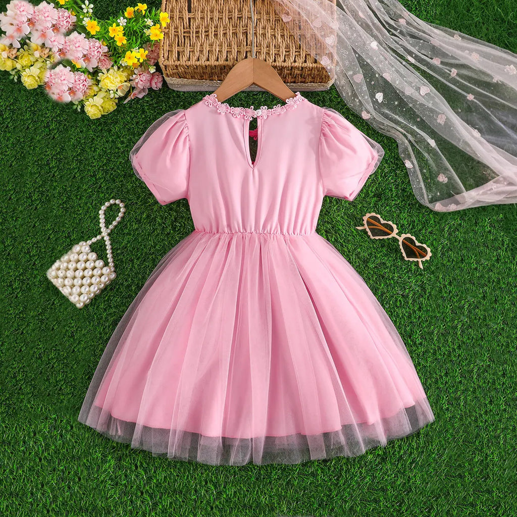 Girls Pink Tulle Overlay Fit & Flare Dress With Puff Sleeves Casual Dresses