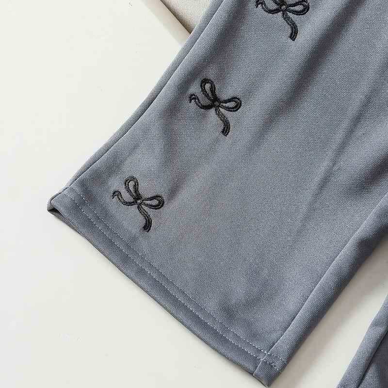 Girls Grey Bow Printed Wide Leg Pants Pants