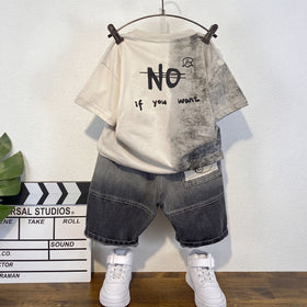 Boys Beige Short Sleeve Typography Print T-Shirt With Denim Shorts Sets 2 pc. Sets
