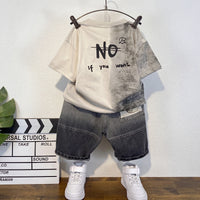 Boys Beige Short Sleeve Typography Print T-Shirt With Denim Shorts Sets 2 pc. Sets