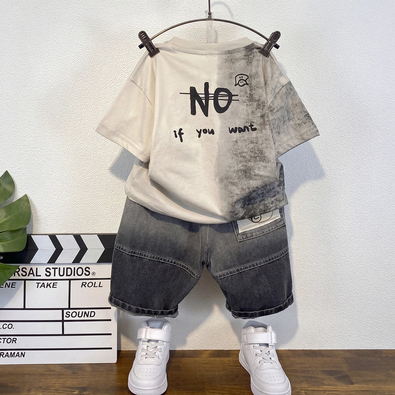 Boys Beige Short Sleeve Typography Print T-Shirt With Denim Shorts Sets 2 pc. Sets