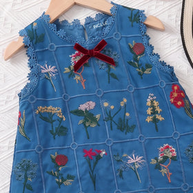 Girls Blue Sleeveless Floral Embroidered A-line Dress Casual Dresses