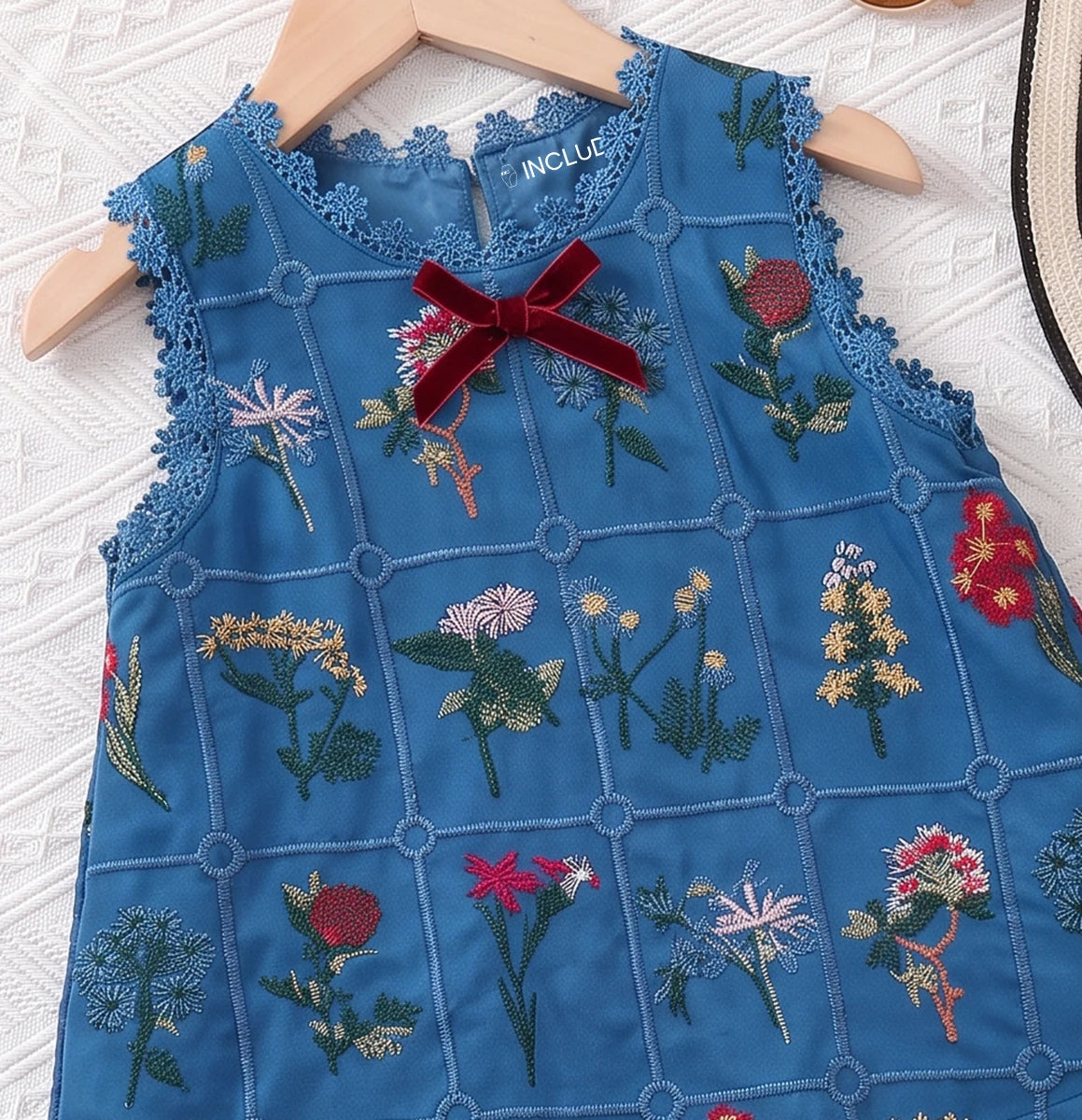 Girls Blue Sleeveless Floral Embroidered A-line Dress Casual Dresses